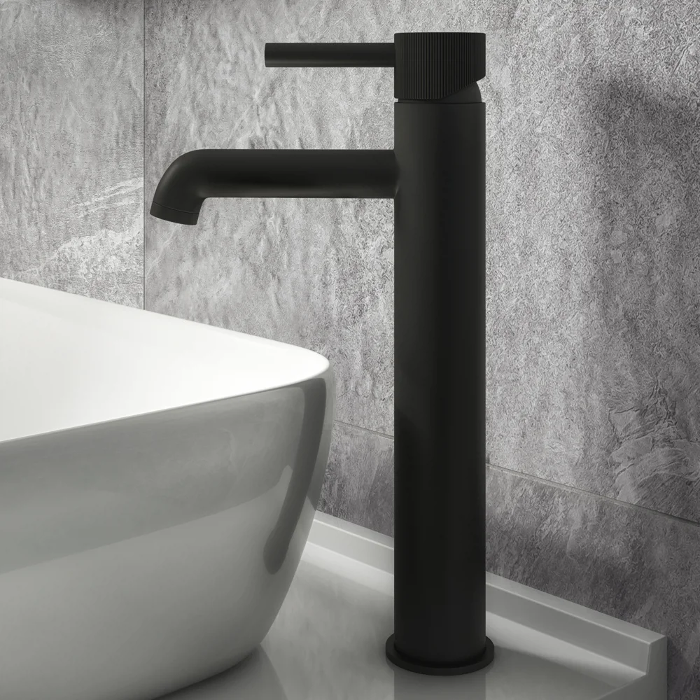 Arezzo Fluted Round Matt Black High Rise Mono Basin Mixer Tap 6 Arezzo Fluted Round Matt Black High Rise Mono Basin Mixer Tap - Image 4