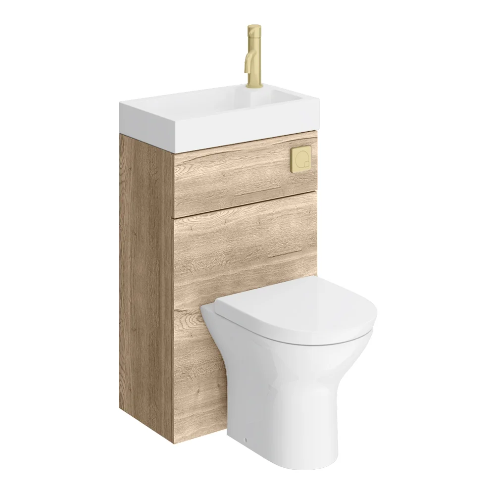 Arezzo Rustic Oak 2-In-1 Wash Basin & Toilet (500mm Wide X 300mm) Incl. Brushed Brass Flush 4 Arezzo Rustic Oak 2-In-1 Wash Basin & Toilet (500mm Wide X 300mm) Incl. Brushed Brass Flush - Image 2