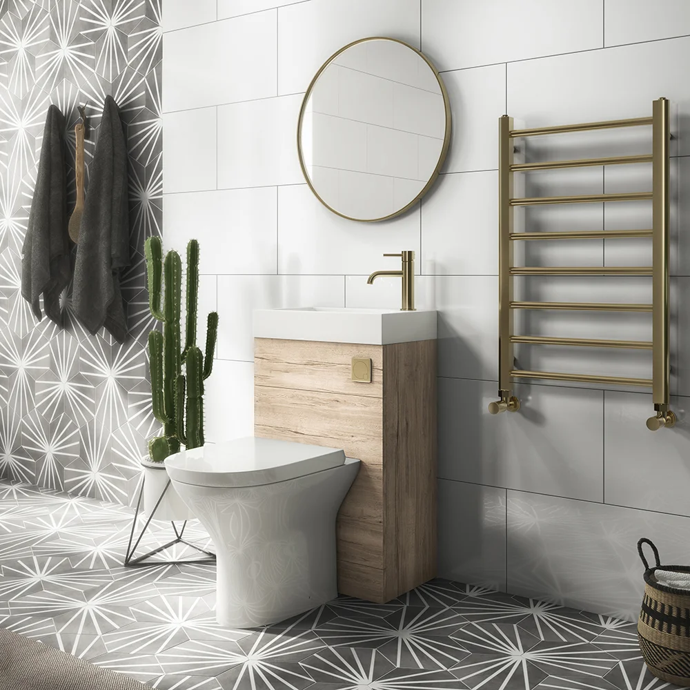 Arezzo Rustic Oak 2-In-1 Wash Basin & Toilet (500mm Wide X 300mm) Incl. Brushed Brass Flush 6 Arezzo Rustic Oak 2-In-1 Wash Basin & Toilet (500mm Wide X 300mm) Incl. Brushed Brass Flush - Image 4