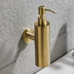 Arezzo Brushed Brass Round Wall Mounted Soap Dispenser 12 Arezzo Brushed Brass Round Wall Mounted Soap Dispenser -Victorian Plumbing Shop azrd1bbw d2