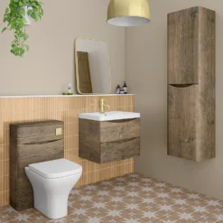 Monza Chestnut 500mm Wide WC Unit With Cistern, Brushed Brass Flush + Modern Pan -Victorian Plumbing Shop mz5ctwh1 d2a