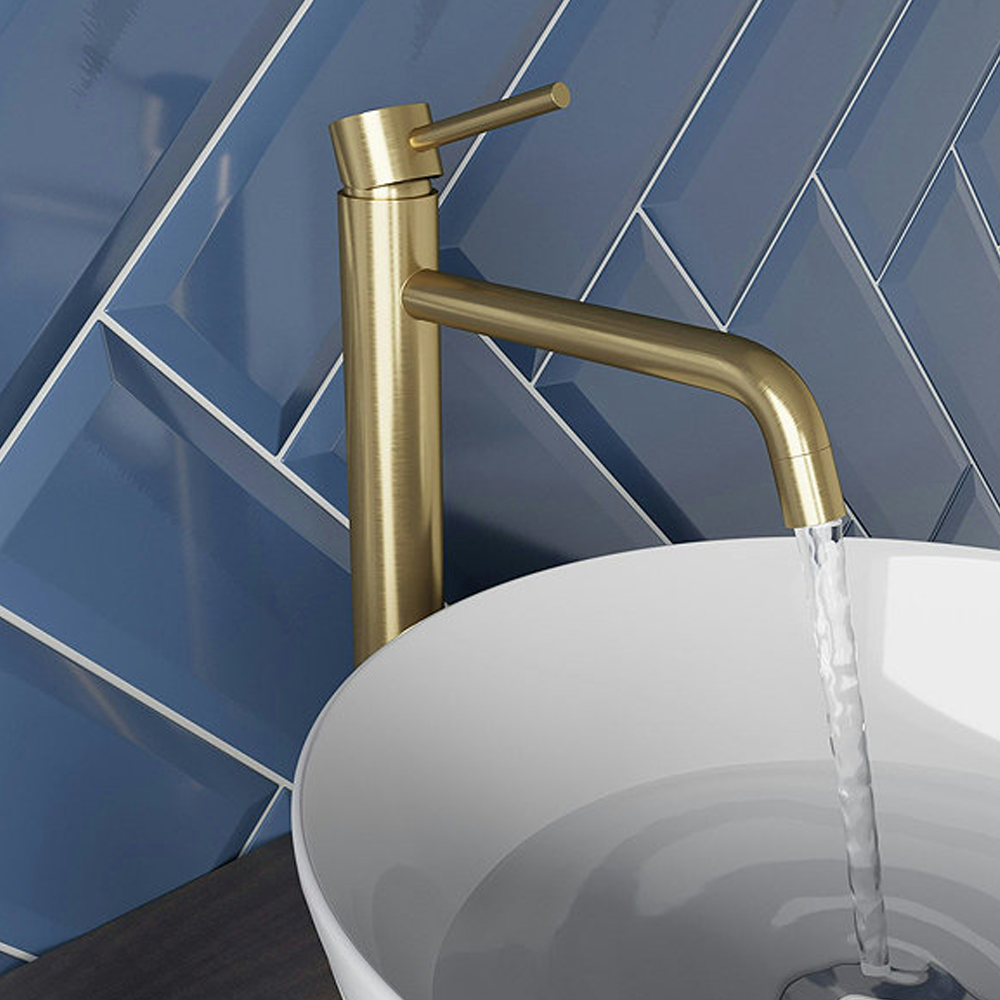 Mode Spencer Round Brushed Brass High Rise Basin Mixer Tap 3 Mode Spencer Round Brushed Brass High Rise Basin Mixer Tap