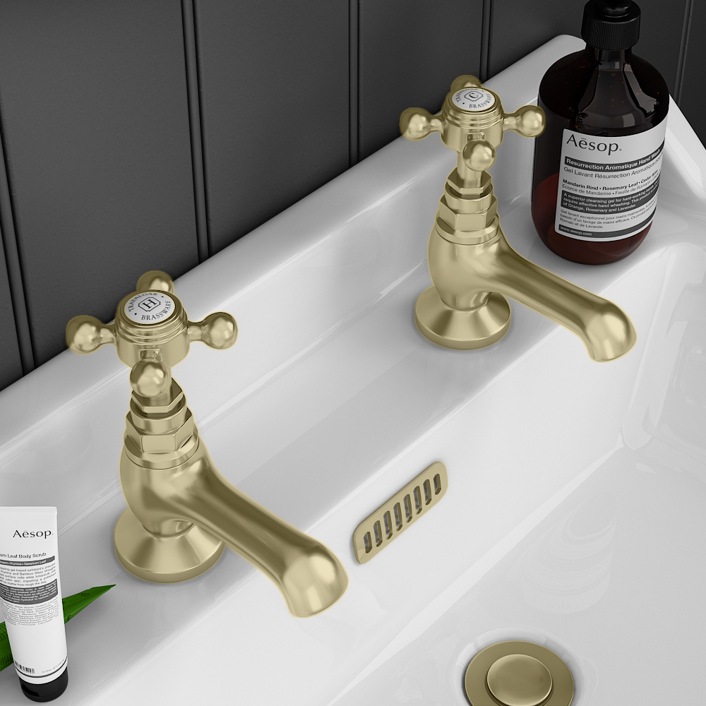 Trafalgar Crosshead Pillar Basin Taps (Pair) Brushed Brass 4 Trafalgar Crosshead Pillar Basin Taps (Pair) Brushed Brass - Image 2