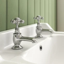 Trafalgar Crosshead Pillar Basin Taps (Pair) Chrome -Victorian Plumbing Shop tfgbasincp d5