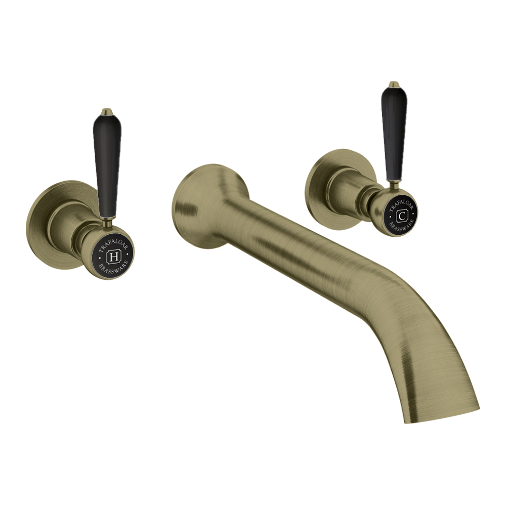 Trafalgar Lever Wall Mounted Bath Spout And Stop Taps - Antique Brass With Black Levers 3 Trafalgar Lever Wall Mounted Bath Spout And Stop Taps - Antique Brass With Black Levers